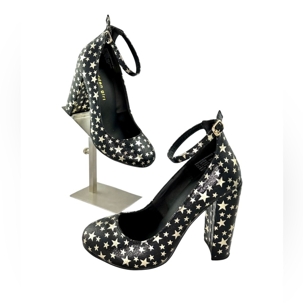 EUC Madden Girl pump 5 prinnce star pattern black metallic chunky heel ankle
